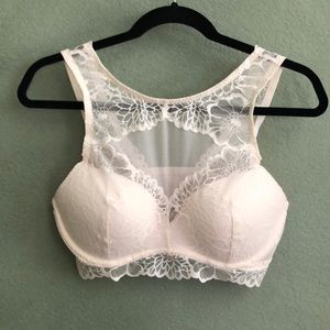 (NEVER WORN) PINK High-Neck White Lace Bralette